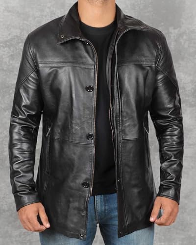 Image of Decrum Mens Real Lambskin Leather Long Coat with Button Front Closure