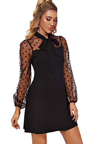 Romwe Women's Mesh Bishop Sleeve Mock Neck Solid Tunic Elegant Short Dress Dark Black Dots S #TOP16