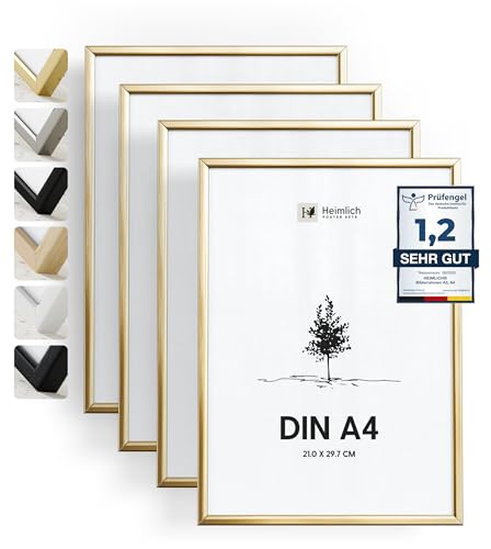 Heimlich - Bilderrahmen - A4 21x30 cm Aluminium Metall Gold 4er Pack - Rahmen für Dokumente Urkunden Diplome mit Kunststofffolienabdeckung - Wandmontage oder Tischaufsteller
