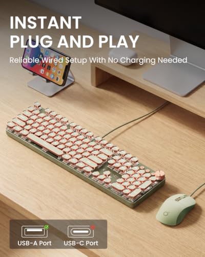Image of SEUNKWANG Wired Typewriter Keyboard and Mouse Combo, Retro Mechanical Keyboard with Multimedia Knob, White Backlit, Metal Panel, Low Noise Pink Switch Keyboard Mouse Set for PC Laptop - Green