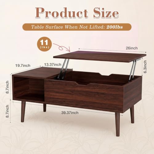 Image of Sweetcrispy Coffee Table Lift Top Coffee Tables for Living Room,Small Rising Wooden Center Tables with Storage Shelf and Hidden Compartment, Dark Brown