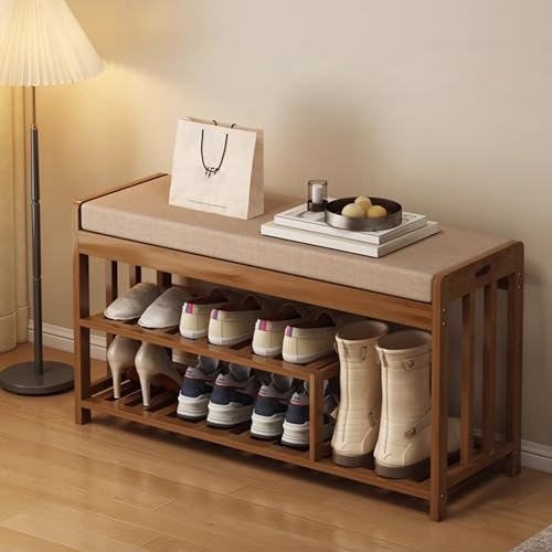 Banco zapatero de madera natural para entrada de 3 niveles 3
