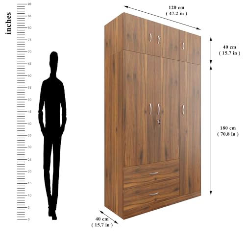 Image of VIKI Wardrobe | Wooden Almirah for Clothes,Door for Bedroom, 3 Door LoftWardrobe with Drawer, Mirror & Hanging Space (Brussel Walnut - 40D x 120W x 220H) | 1 Year Warranty | Free Assembly