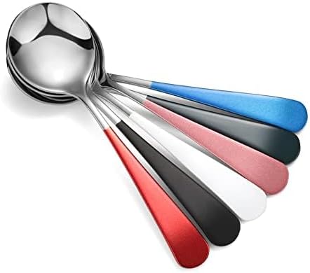 Stainless Steel Round Spoons Set of 6 Heavy Duty Chinese Soup Spoons Mirror Polished Asian Soup Spoons for Bouillon Dinner Dessert Cereal (Silver Handle)