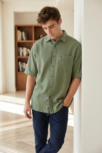 Image of Allen Solly Men's Textured Casual Shirt | Drop Shoulder | Half Sleeve | Relaxed Fit | Casual & Streetwear Style