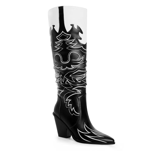 Image of ANN CREEK Cowgirl Boots Side Zipper Womens Cowboy Boots Knee High Embroidery Woman Western Tall Pointed Toe Chunky Heel Two Tones