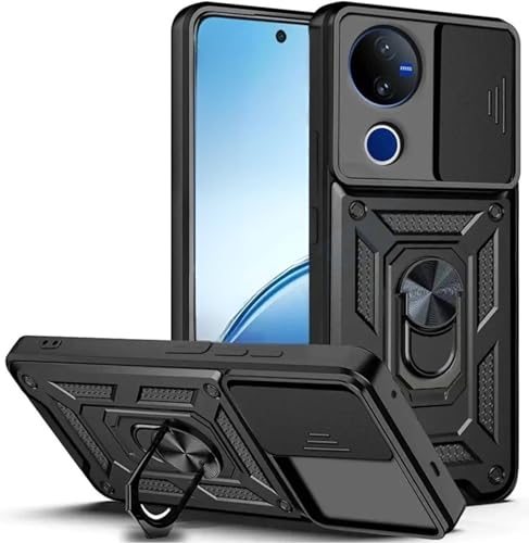 Image of SPAZY CASE Vivo T4R 5G Back Cover | Heavy Duty Hybrid Case with 360 Degree Rotating Finger Ring Holder + Slider Shutter Camera Protection Case for Vivo T4R 5G - Black