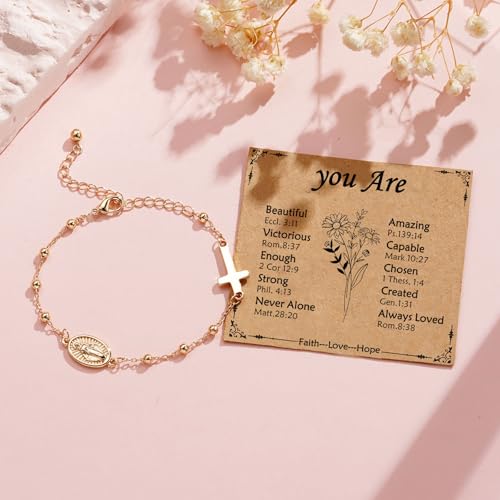Image of Catholic Virgin Mary Cross Bracelet Gifts for Girls Teens Women, Rosary Beads Charm Link Chain Bracelet Easter First Communion Confirmation Baptism Religious Jewelry Gifts