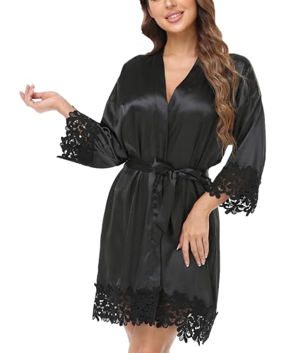 Image of Crystal Dew 2 Pcs Mother of the Bride Groom Robe with Lace Trim Embroidery Bridal Satin Kimono Robes for Wedding Day