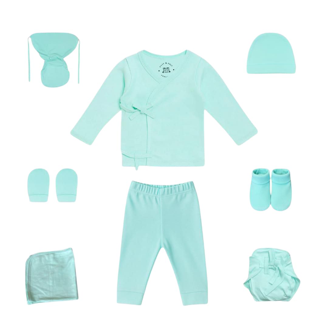 FILLY AND COLT "Sterilized Infant Kit – 9 -Piece Set| Includes Smart knot Top, Pant, Cap, Mittens, Booties, Layered nappy and Towel for unisex |100% cotton (BLUE, 0-4Months, 2.5 kg to 5.5 kg) 1