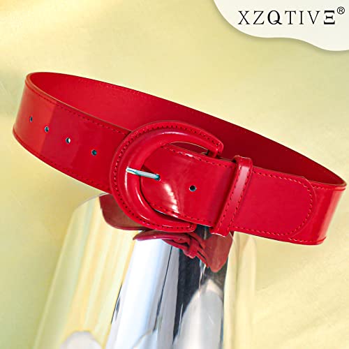 XZQTIVE Wide Elastic Stretch Belts for Women Dresses, Black Red PU Leather with Vintage Chunky Buckle4