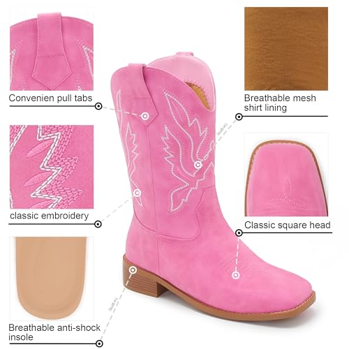 Cowgirl Boots Square Toe Cowboy Boots For Women Ladies Mid Calf Low Heel Flat3