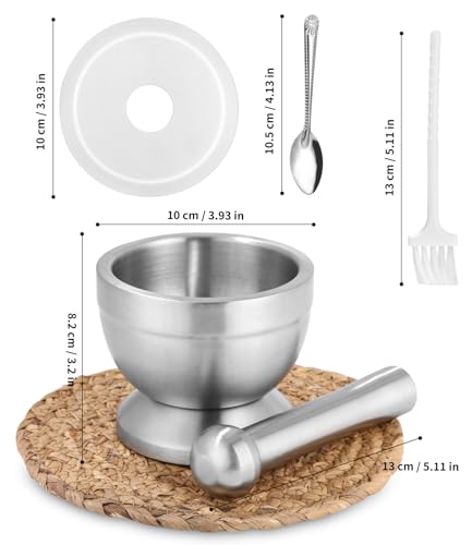 Miniatura 2 de Mortero De Cocina De Acero Inoxidable Con Cuchara Y Tapa De Silicona - Molinillo De Especias De Primera Calidad, Trituradora Y Tazón De Hierbas - Perfecto Para Moler, Mezclar Y Almacenar