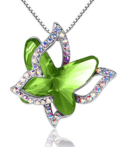 GEMMANCE Butterfly Crystal Necklace with Peridot Green Birthstone for August, Silver-Tone, 18”+2”Chain