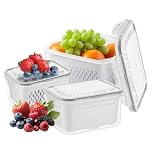 Rthynti 3 Set Fridge Fruit Storage Containers with Colander, Leak Proof Fridge Containers, Fresh Food Storage with Lids Airtight for Meat Fruit Vegetables (Grey)