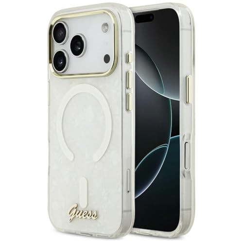 Coque iPhone 17 Pro Max Guess IML Shell Script Metal compatible MagSafe Blanche