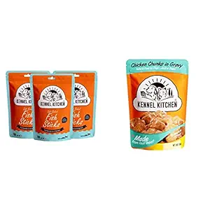 Kennel Kitchen Soft Baked Fish Sticks Treats for Dogs, 70g (Pack of 3) & Kennel Kitchen Puppy and Adult Wet Dog Food Chicken Chunks in Gravy, 70g (Pack of 12)