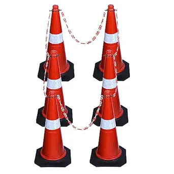 ABS INDUSTRY Safety Cones 6 Cones with 6 Meters S Hook Safety Chain and 6 Hooks Multipurpose PVC Plastic Traffic Safety Cone with Black Rubber Weighted Base and Highly Visible Reflective Collar