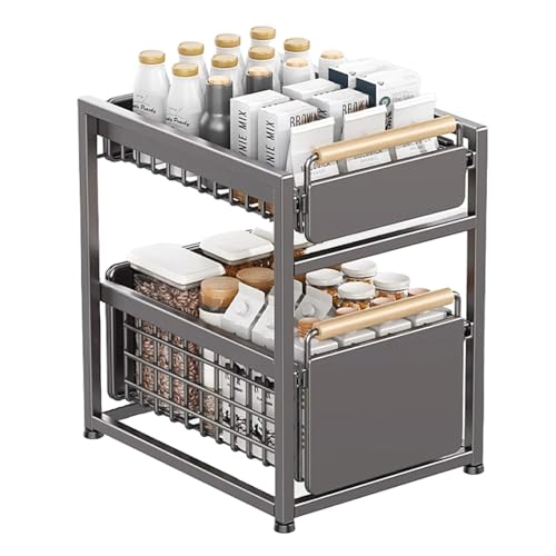 EYTFYZGL 2 Tier Under Sink Storage Organiser,Multi-Purpose Under Sink Shelf Organiser, Pull Out Sliding Basket Organizers for Bathroom Kitchen White,39 * 24.5 * 42cm