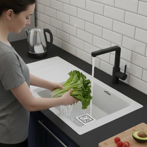 Image of ARQUIN Quartz Kitchen Sink with Drainboard 36x18x9 Inch White Granite Sink with Coupling, Waste Pipe & Strainer Basket UV Protected, Undermount /Topmount Noise Reducing