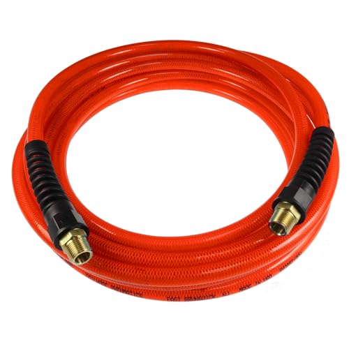 Coilhose Pneumatics PFE40254TR Flexeel Reinforced Polyurethane Air Hose, 1/4-Inch ID, 25-Foot Length with (2) 1/4-Inch MPT Reusable Strain Relief Fittings, Transparent Red