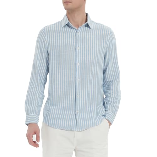 Isle Bay Linens Lightweight Breathable Linen Shirt for Men - Long Sleeve Casual Business Shirt Striped Blue Color