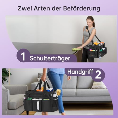 OUUTMEE Reinigungstasche 20 x 38 x 26 cm,Mit herausnehmbarem Fach Tote Reinigungstasche，Tragbarer Organizer für Reinigungsmittel Mit verstellbarem Schultergurt，Schwarz Groß