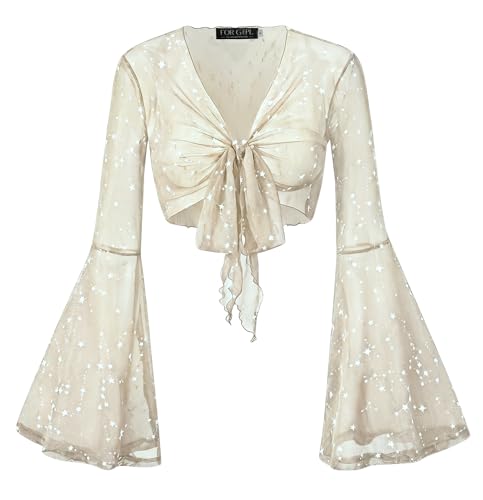 Image of Women Tie Front Bell Sleeve Rave Crop Tops Floral Print Hippie Mesh Sheer Shirt