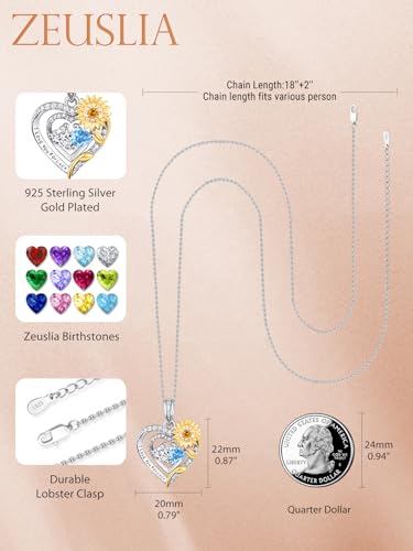 Sunflower Heart Necklace Gifts for Wife Women, 925 Sterling Silver Forever Love Jewelry, Wedding Anniversary Birthday Gifts, Mother Girlfriend Daughter Jewel with 2 Birthstones - Image 6