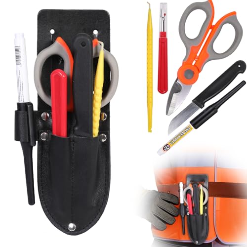 Vizava Upgraded 6 Pcs Cable Splicer Kit with Genuine Leather Pouch Electrician Scissors Splicing Knife Buffer Tube Ripper Spudger & Deep Hole Marker Heavy Duty Telecom Tool Set for Technicians