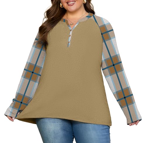 OLRIK Plus Size Tops for Women 2025 Fall Plaid Long Sleeve Henley Shirts Casual V Neck Button Tunic Tops