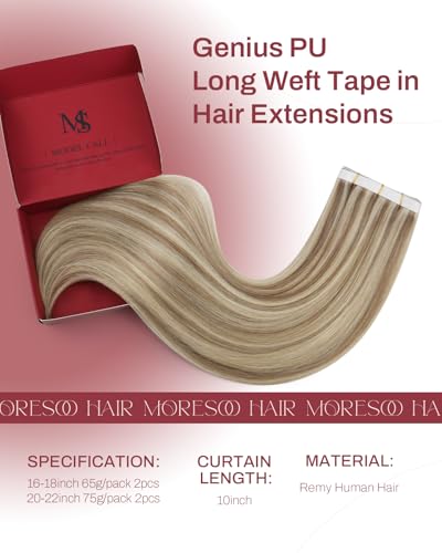Image of Moresoo Light Brown Highlight Tape in Weft Extensions, 20 Inch, 75g, 2Pcs | Invisible PU Weft Tape in, Genius Tape in Extensions, Light Brown Highlighted Blonde, Remy Human Hair, Salon Use, Daily Wear