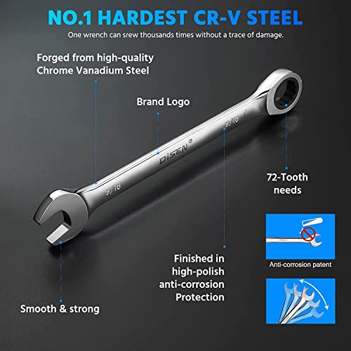 Disen Ratcheting Wrench Set 8 Pieces Sae 5/16"-3/4", Open End & Box End Combination Ratchet Wrench Set 12 Points & 72 Teeth With Organizer Pouch, Cr-V Steel #TOP1