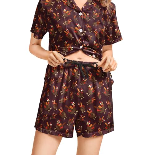 Image of Funny Satin Pajamas Set for Women Button Down Sleepwear Print Pjs Set 2 Piece Short Sleeve Loungewear Gift for Women