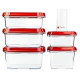 Pomodoro Food Storage Vacuum Seal Containers with Automatic Vacuum Sealer Pump - Preserve Food Longer, Stackable, Airtight, Great for Marinating Meat & Food (5-Piece + Pump)