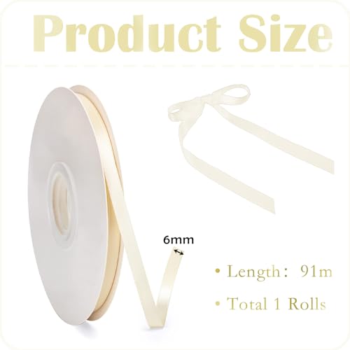 Off White Ribbon 6mm for Gift Wrapping 91M, Double Sided Off White Satin Ribbon 6mm Thick Fabric Ribbon for Crafting Cake Ribbon, Hair Bow Ribbon, Balloon, Christmas Decoration, Wedding Car Ribbon - Image 2
