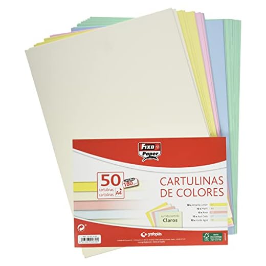 Fixo Paper 00001493 - Paquete de cartulinas de colores A4 - Surtido de colores claros, 50 unidades, 180g