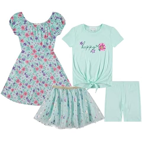 BTween Girls 4-Pack Dress Wardrobe Sleeveless Dress, T-Shirt, Shorts, Skirt Cover