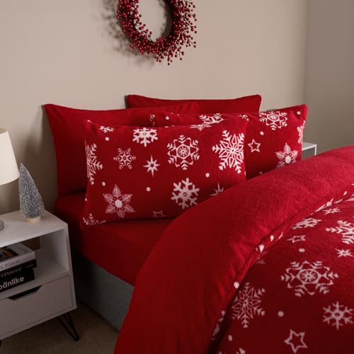 OHS Christmas Bedding Double, Xmas Snowflakes Teddy Fleece Duvet Set Super Soft Warm Cosy Winter Christmas Duvet Set Double Comfy Luxurious Quilt Xmas Bedding with Pillowcases, Red