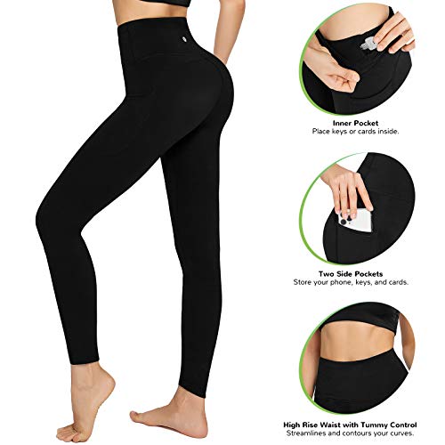 Letsfit High Waisted Leggings for Women, Yoga Pants with Pockets and Tummy Control for Workout Running Cycling Gym, Black, Medium - Thumbnail 4