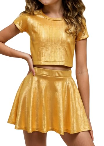 Image of Happy Cherry Kid Girl Shiny Skirt and Top Set 2 Piece Texture Ribbed Metallic Disco Rave Cheer Outfit 4-12T
