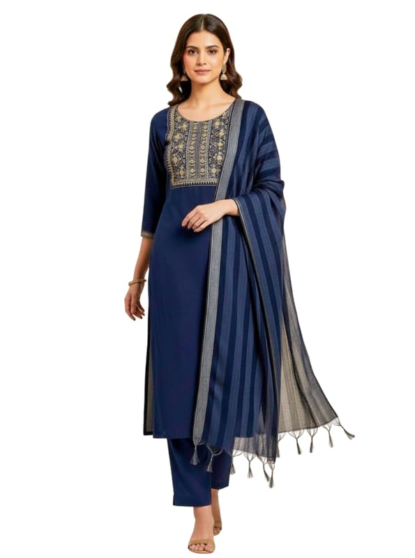 Women’s South Cotton Embroidery Work Kurta with Pants and Dupatta Set