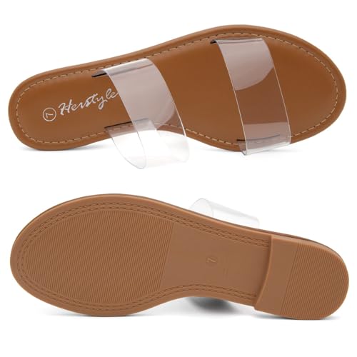 Image of Herstyle Flat Sandals for Women, Double Strap Slide Sandals, Open Toe Slip On, Comfortable Cushioned Footbed Casual Summer Shoes for Daily Wear, Beach, Vacation, Clear Options