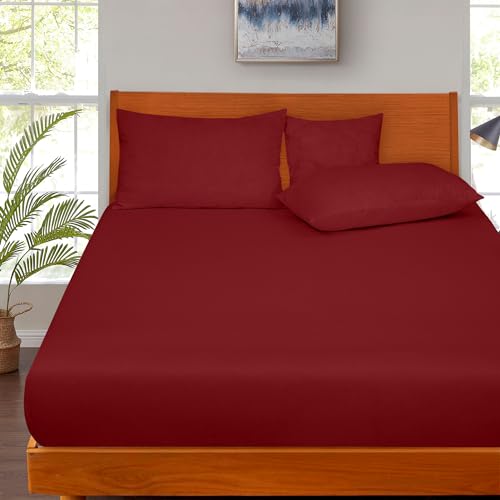 Image of ROYALE LINENS 300 Thread Count 100% Long Staple Combed Cotton Fitted Sheet Twin - Super Soft Deep Pocket Bottom Sheet - Fitted Sheets Only - Elastic Sheets (Twin, Red)