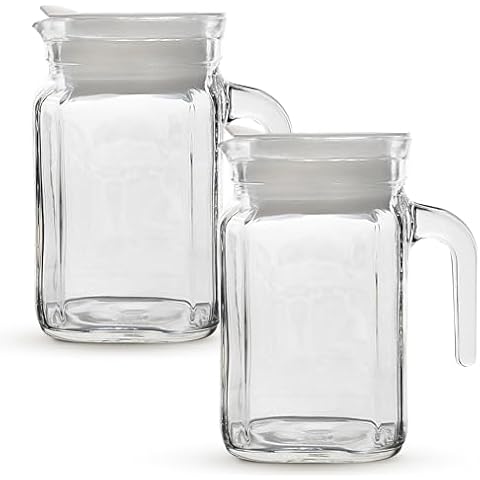 Amici Home Italian Igloo Quadra Glass Pitcher with Lid and Spout | Set of 2 | 17-Ounce | Clear Glass Water Pitcher for Refrigerator | Carafe for Iced Tea, Juice, Milk, Cold Brew and Mimosa Bar Cover