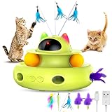 CATISM Interaktives Spielzeug für Katzen, 5 IN 1 Elektrisch Interaktives Katzenspielzeug USB wiederaufladbare Selbstbeschäftigung Automatisch Intelligenzspielzeug mit 5 Federspielzeug 2 Trackball Grün