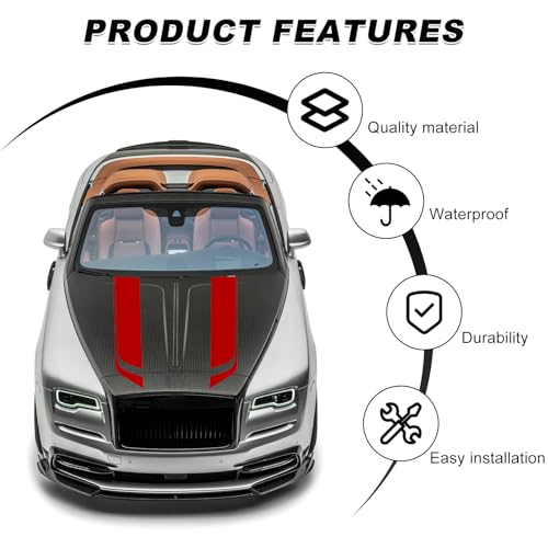 Image of Car Hood Decal Sticker, Automotive Side Body Stripe Graphics Racing Bumper Sticker, Universal Vehicle Skirt Roof Bonnet Vinyl Decal Exterior Decoration, Car Accessories (Red)