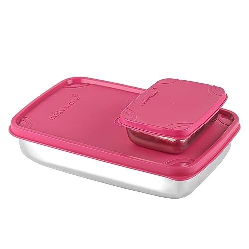 Image of CELLO Max Steel Lunch Box, 2 Units, Pink | Stainless Steel Lunch Box with Inner Veg Box | Tiffin Box with Air-Tight Lid | Ideal for Office and School for Healthy Meal Storage, Big