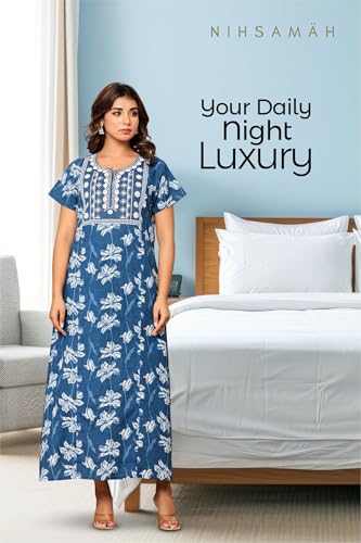 Image of NIHSAMAH Cotton Nighty for Women - Printed Stylish Night Gown, Comfortable Sleepwear Long Nightwear, Maxi