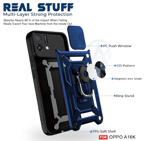 Image of AESTMO Tough Armor Oppo A16K Bumper Back Case Cover | Ring Holder & Sliding Camera Shield Cover | 360 Degree Protection Back Case Cover (Blue)